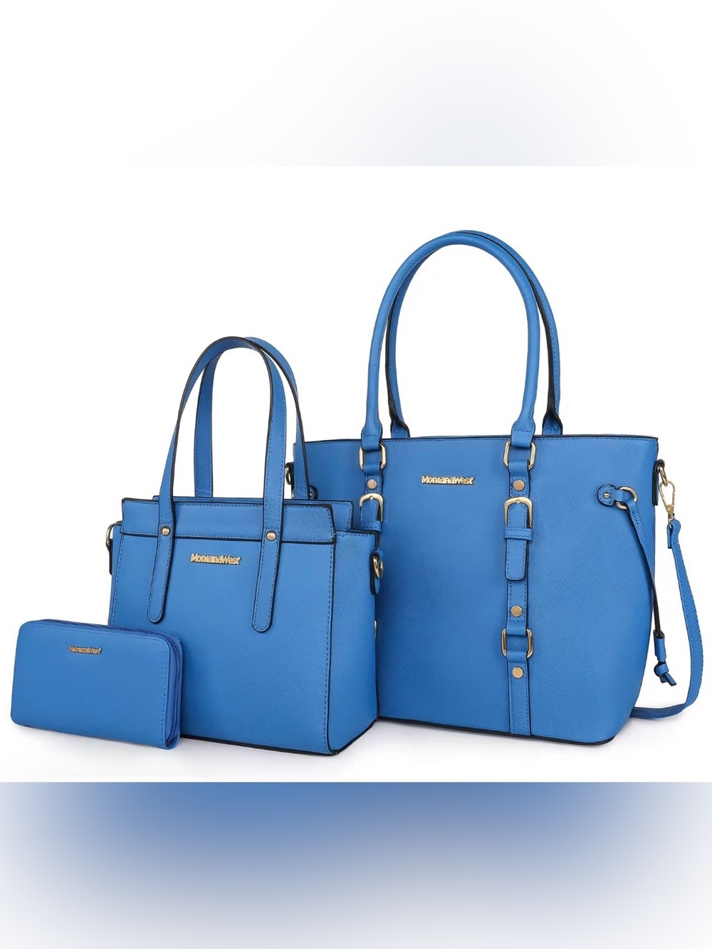 Montana West Vibrant Blue Leather Tote and Satchel Set with Wallet